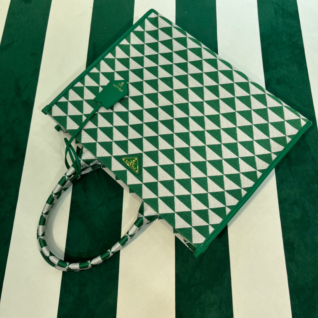 Prada 1BA356 Large Prada Symbole Jacquard Fabric Handbag Green White