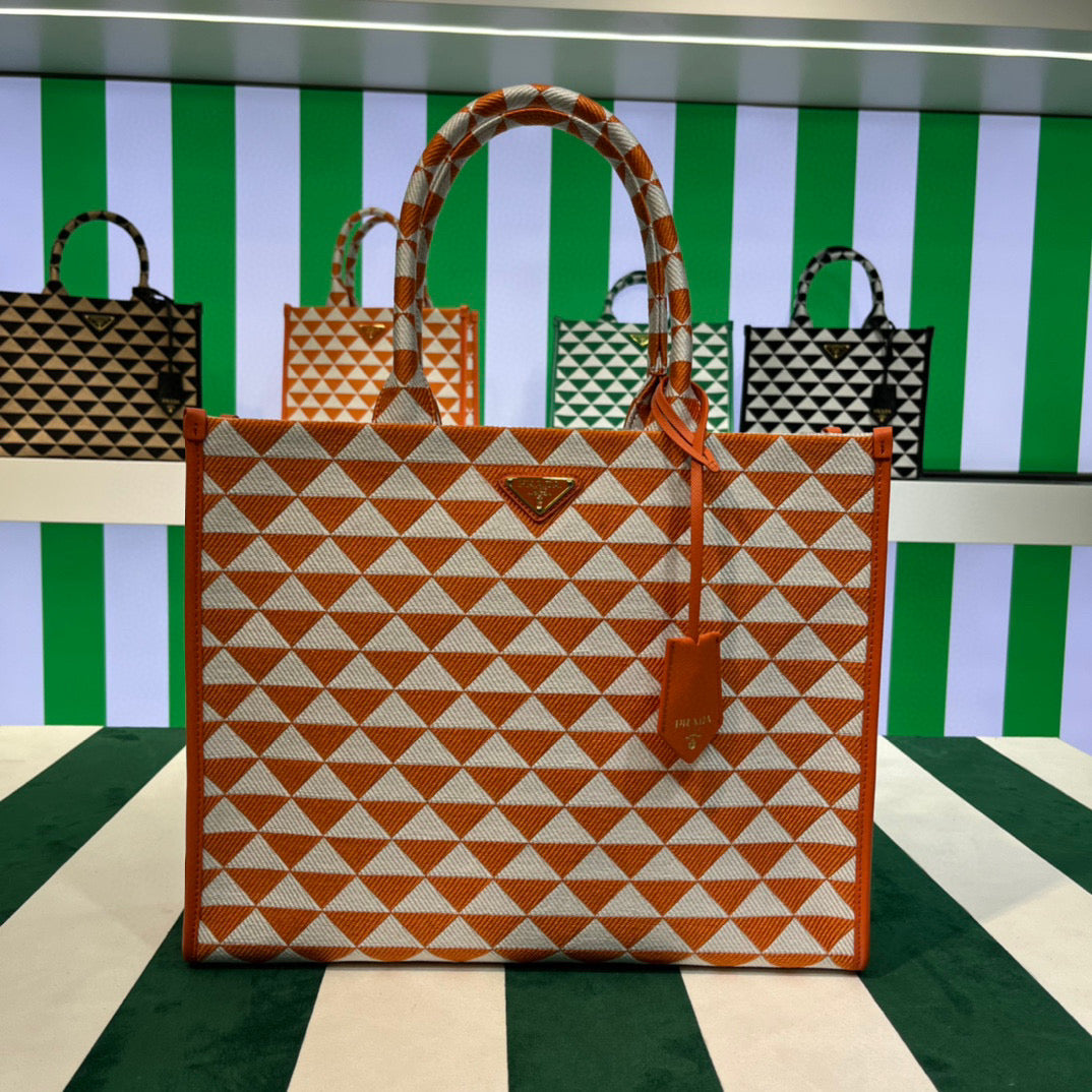 Prada 1BA356 Large Prada Symbole Jacquard Fabric Handbag Orange White - Default Title - View 1