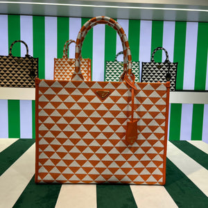 Prada 1BA356 Large Prada Symbole Jacquard Fabric Handbag Orange White - Default Title - View 1