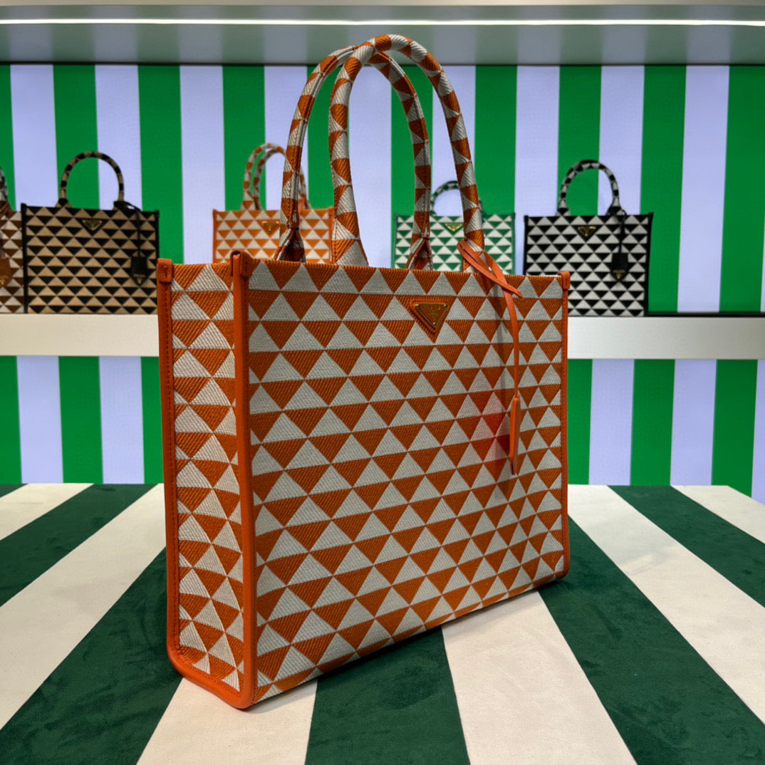 Prada 1BA356 Large Prada Symbole Jacquard Fabric Handbag Orange White