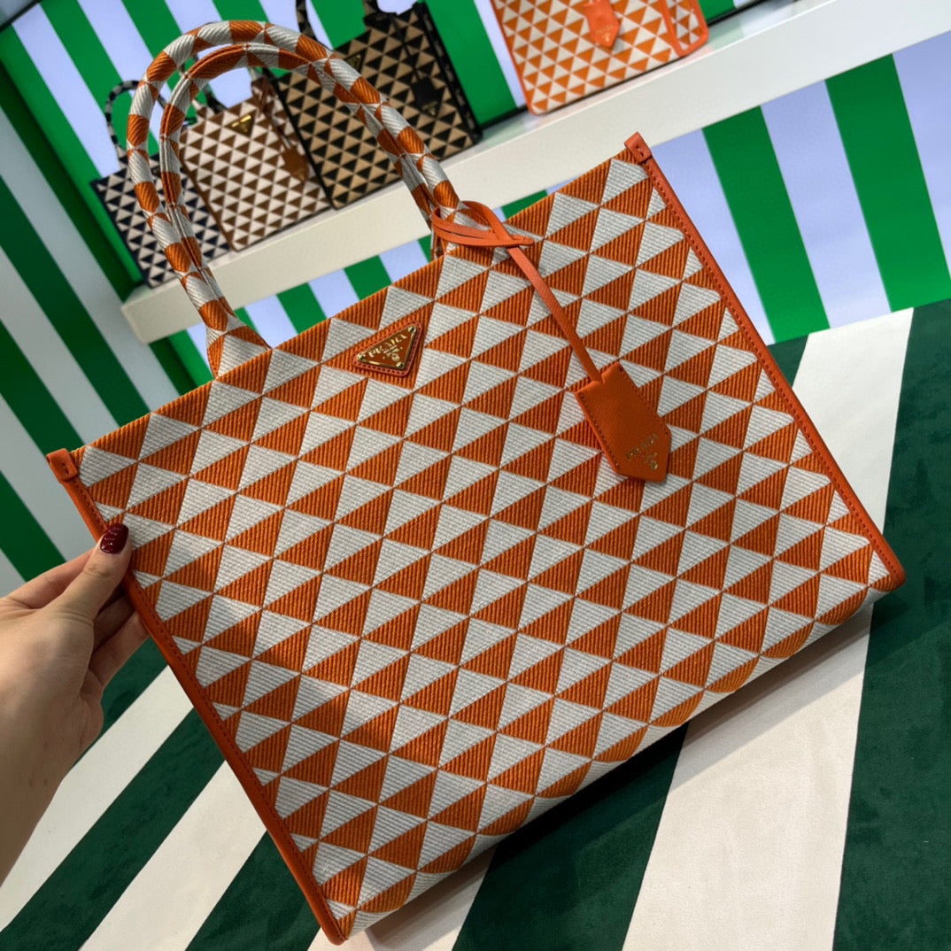 Prada 1BA356 Large Prada Symbole Jacquard Fabric Handbag Orange White - Default Title - View 5