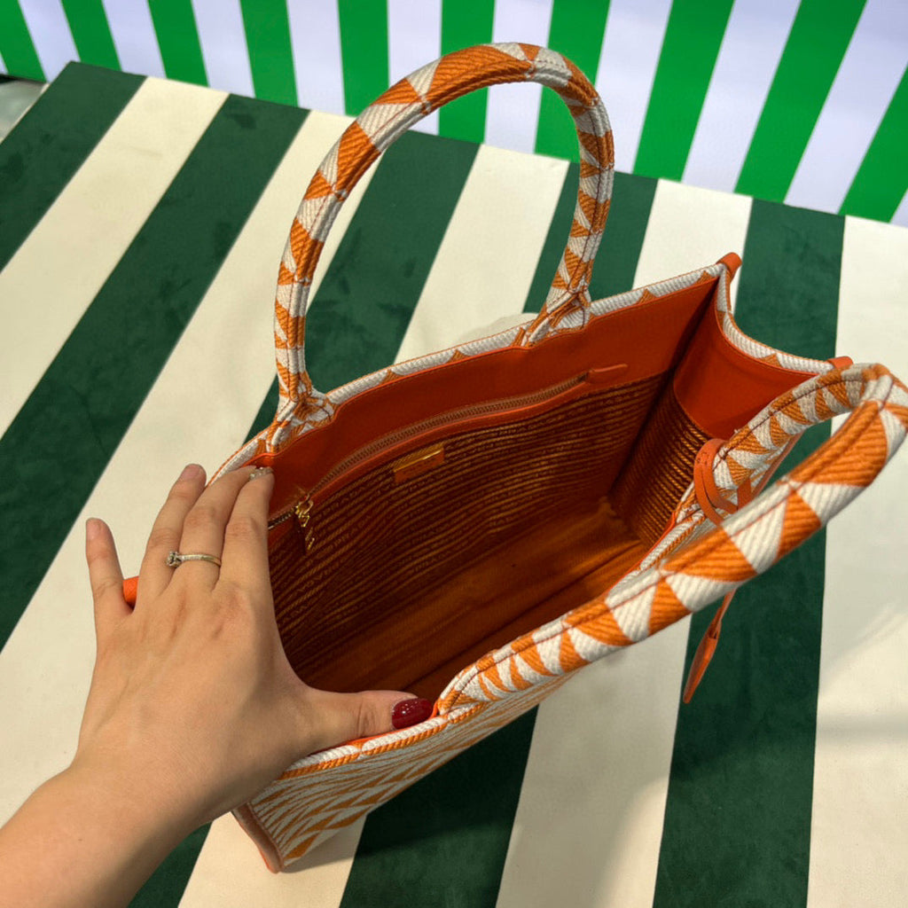 Prada 1BA356 Large Prada Symbole Jacquard Fabric Handbag Orange White