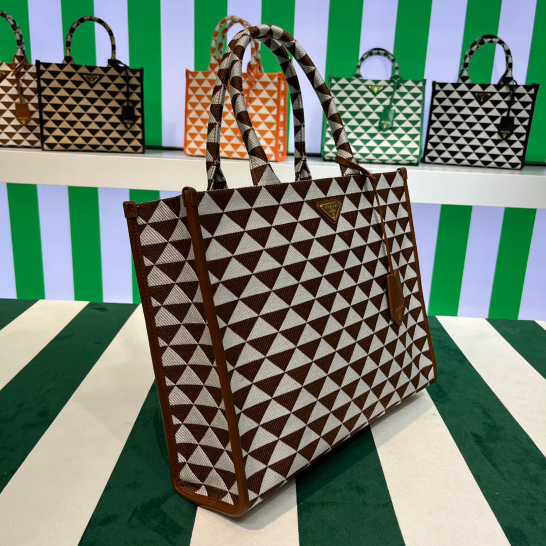Prada 1BA356 Large Prada Symbole Jacquard Fabric Handbag Tan White - Default Title - View 2