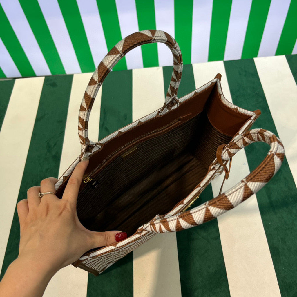 Prada 1BA356 Large Prada Symbole Jacquard Fabric Handbag Tan White