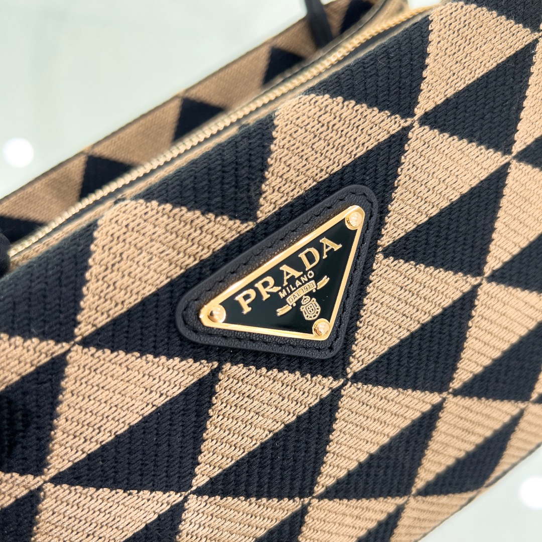 Prada 1BA368 From The Runway Small embroidered fabric Prada Symbole bag Black and Beige