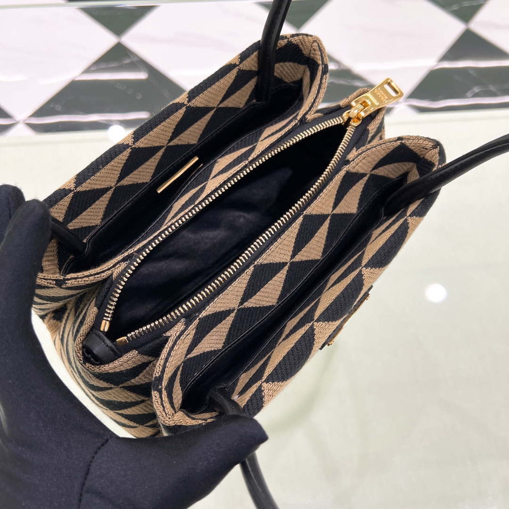 Prada 1BA368 From The Runway Small embroidered fabric Prada Symbole bag Black and Beige