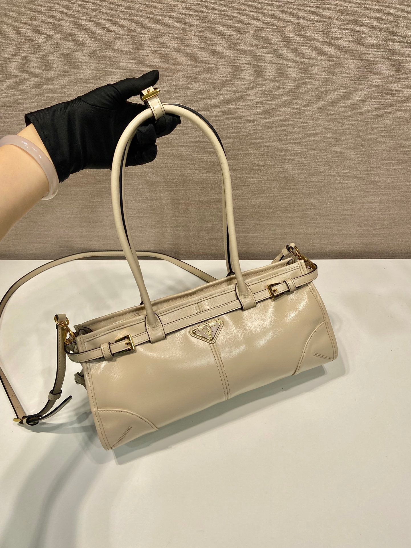 Prada 1BA426 Medium leather handbag Travertine
