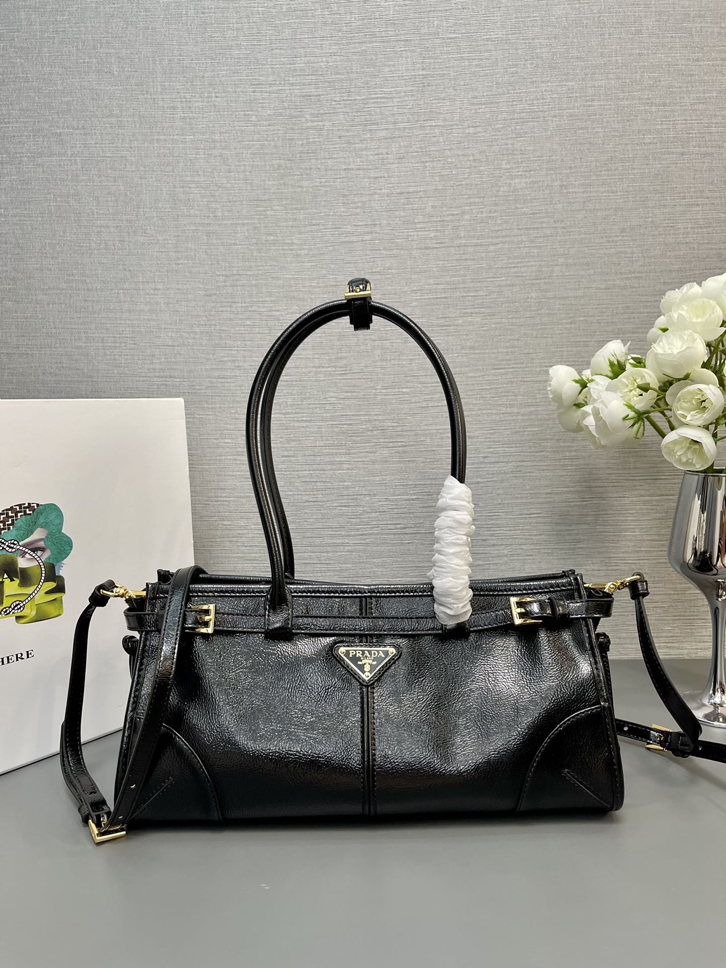 Prada 1BA426 Medium naplak patent leather handbag Black
