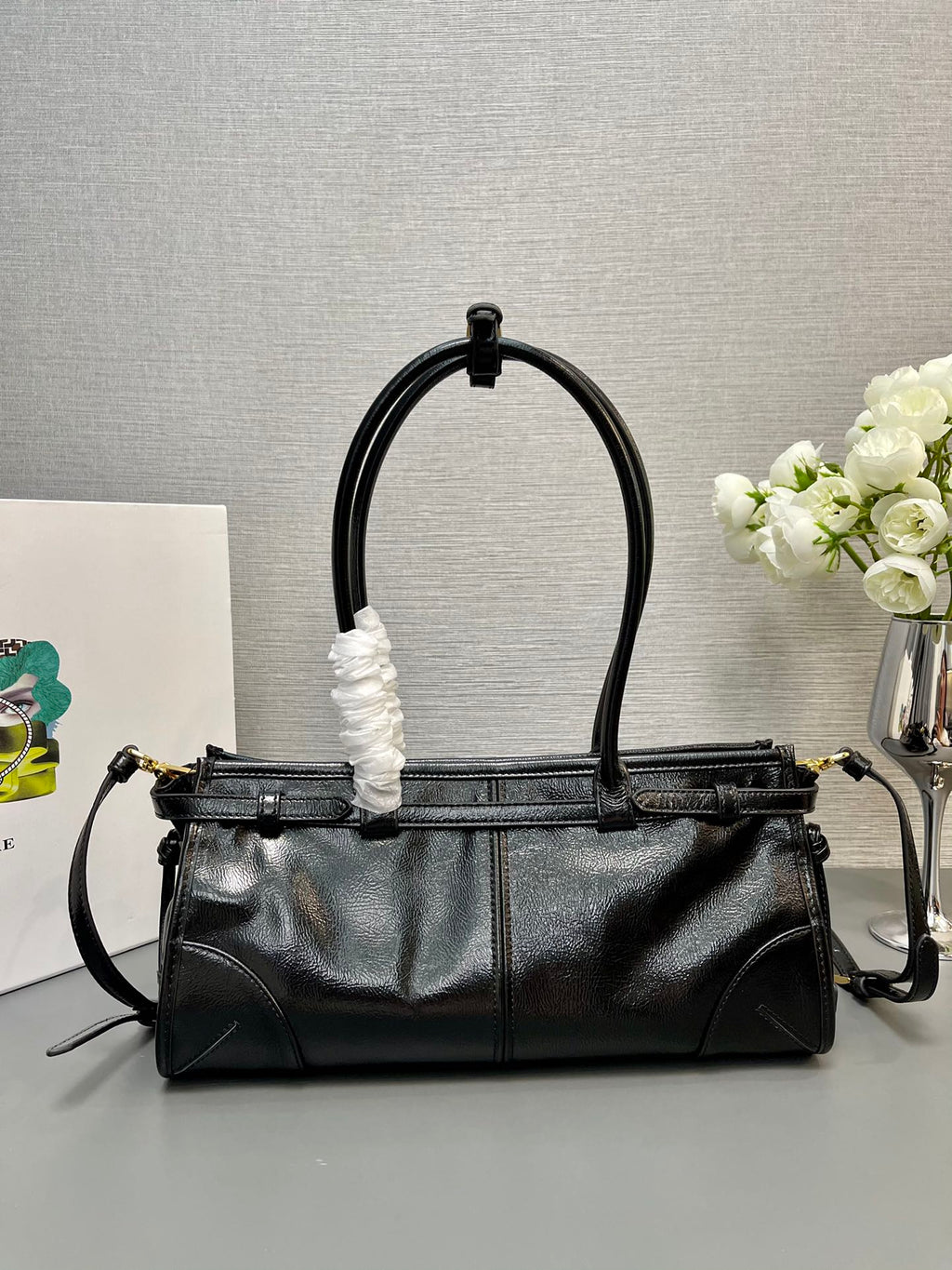 Prada 1BA426 Medium naplak patent leather handbag Black