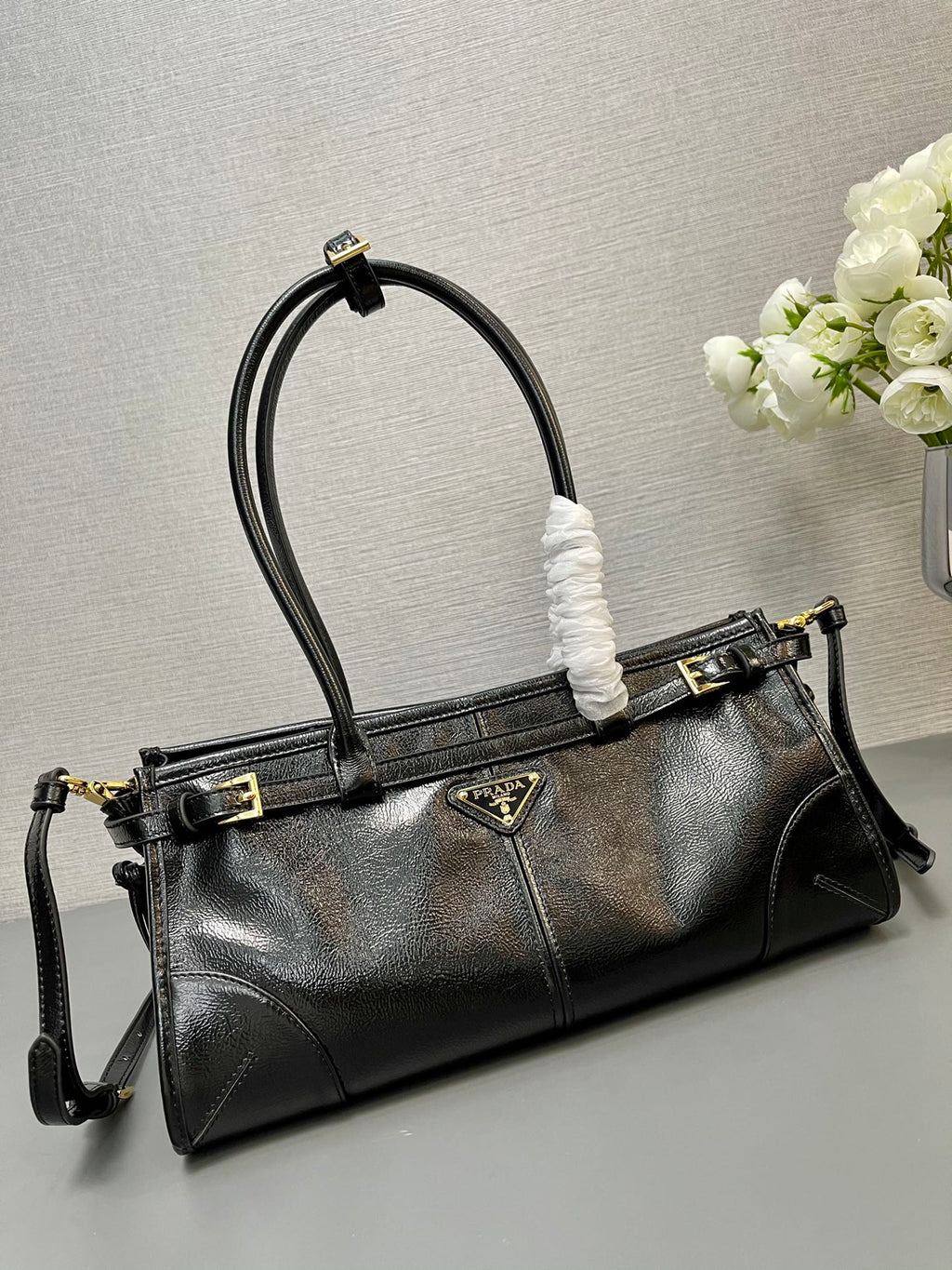 Prada 1BA426 Medium naplak patent leather handbag Black