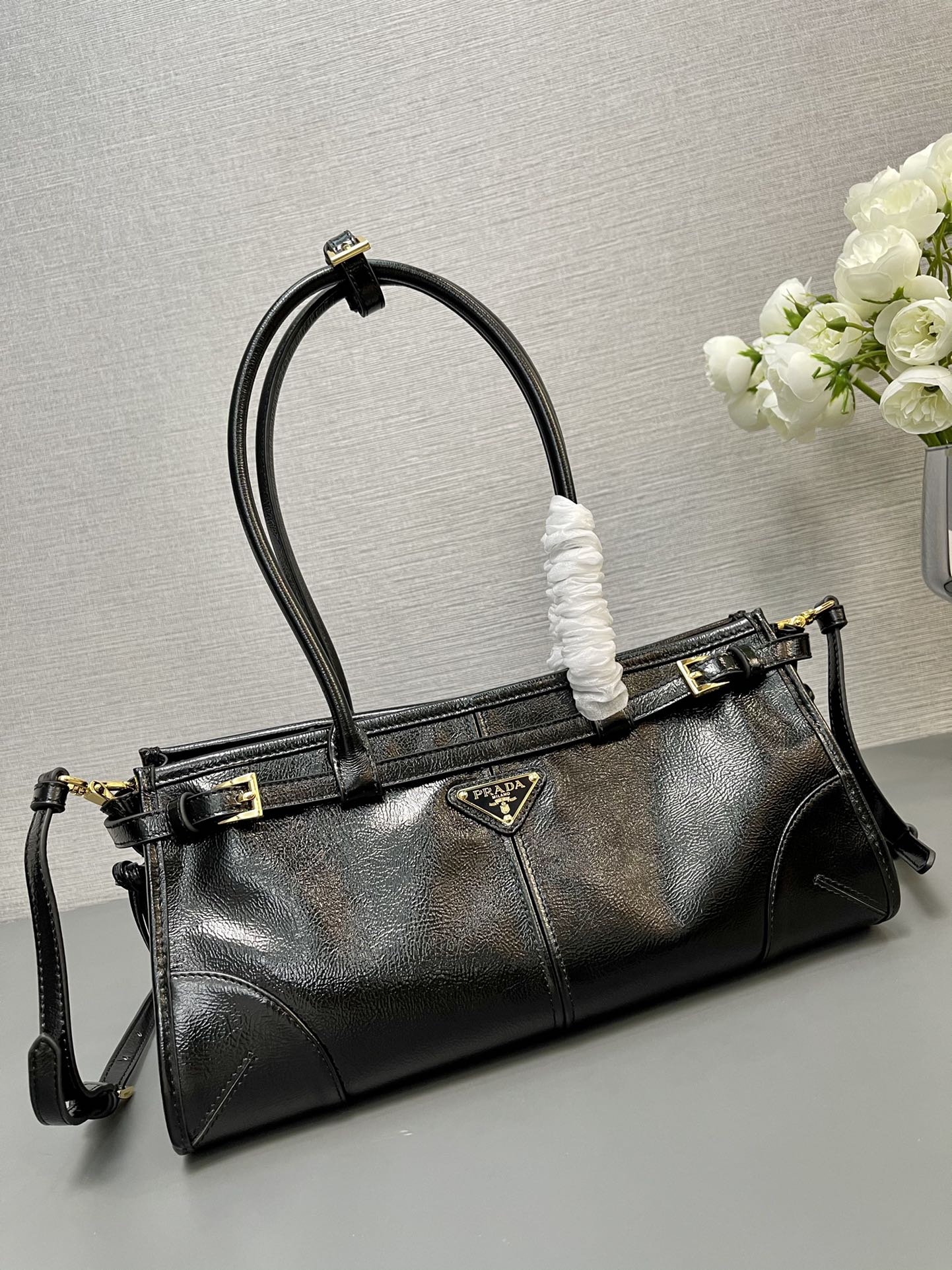 Prada 1BA426 Medium naplak patent leather handbag Black