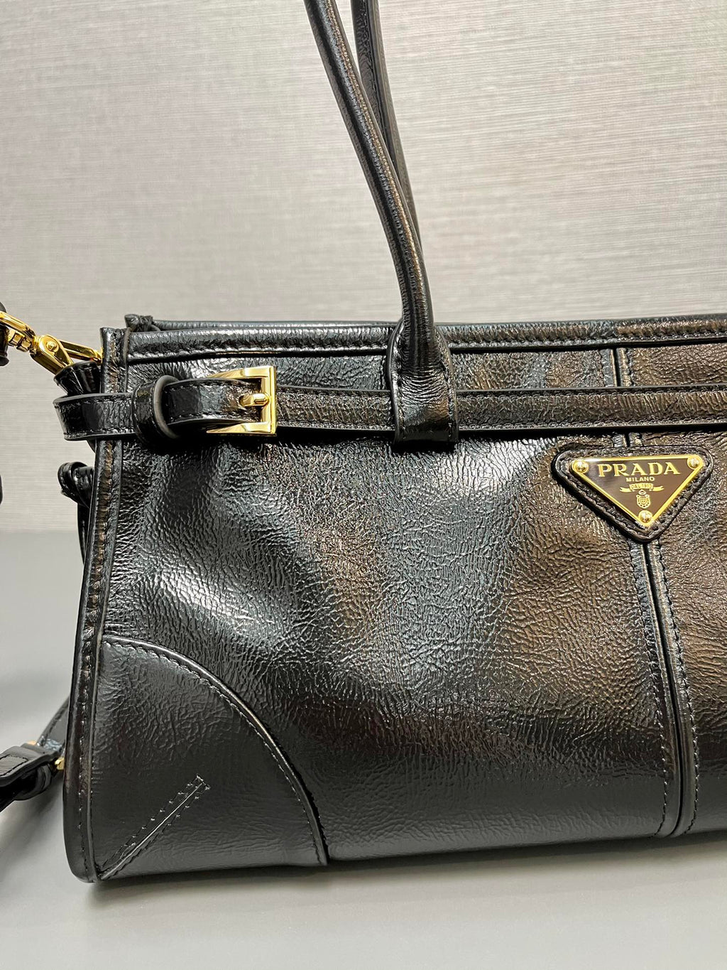 Prada 1BA426 Medium naplak patent leather handbag Black