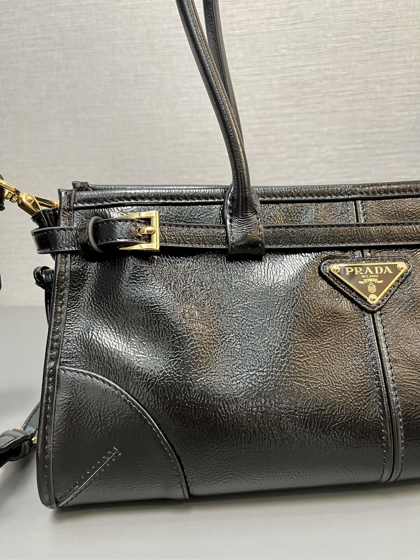 Prada 1BA426 Medium naplak patent leather handbag Black