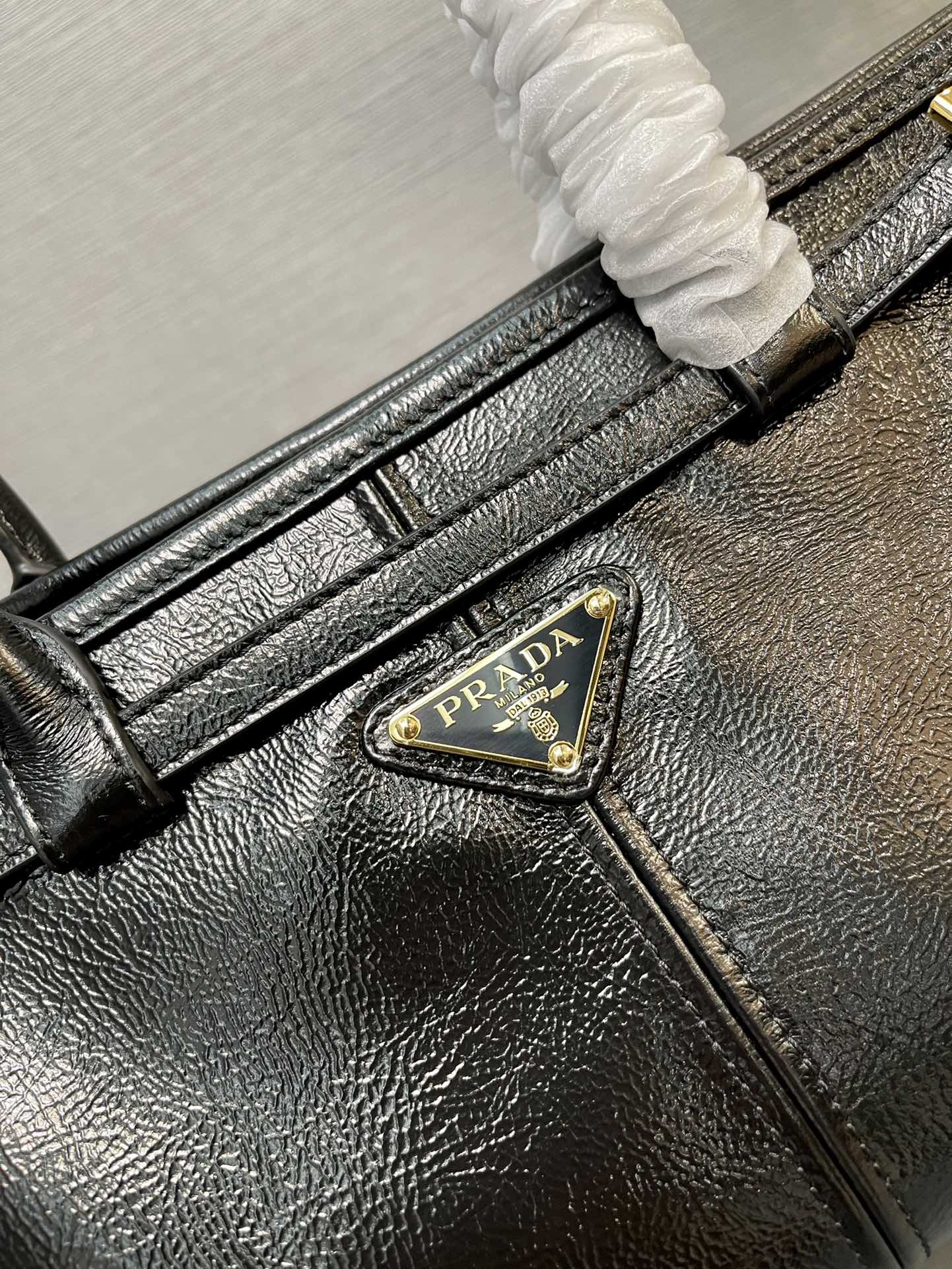 Prada 1BA426 Medium naplak patent leather handbag Black