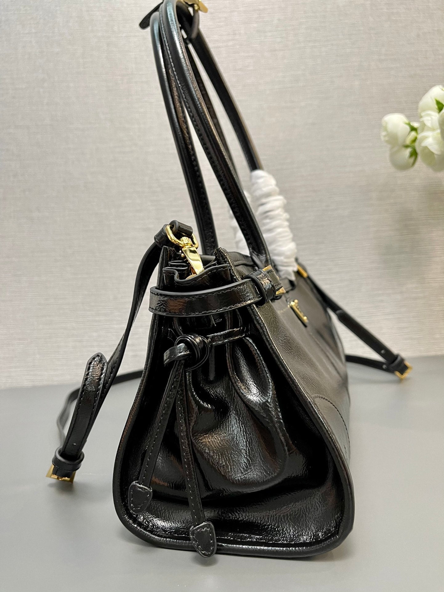Prada 1BA426 Medium naplak patent leather handbag Black