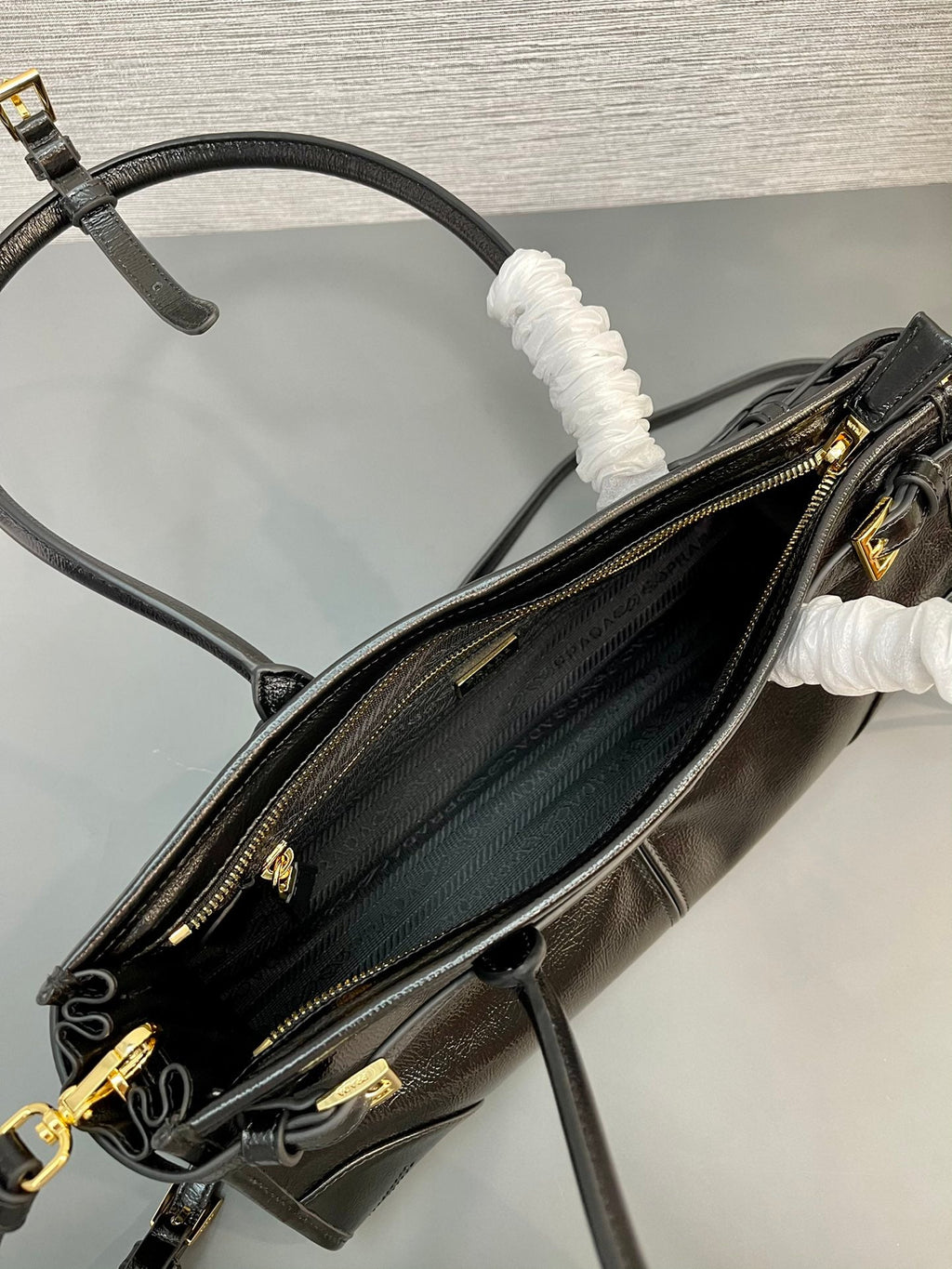 Prada 1BA426 Medium naplak patent leather handbag Black