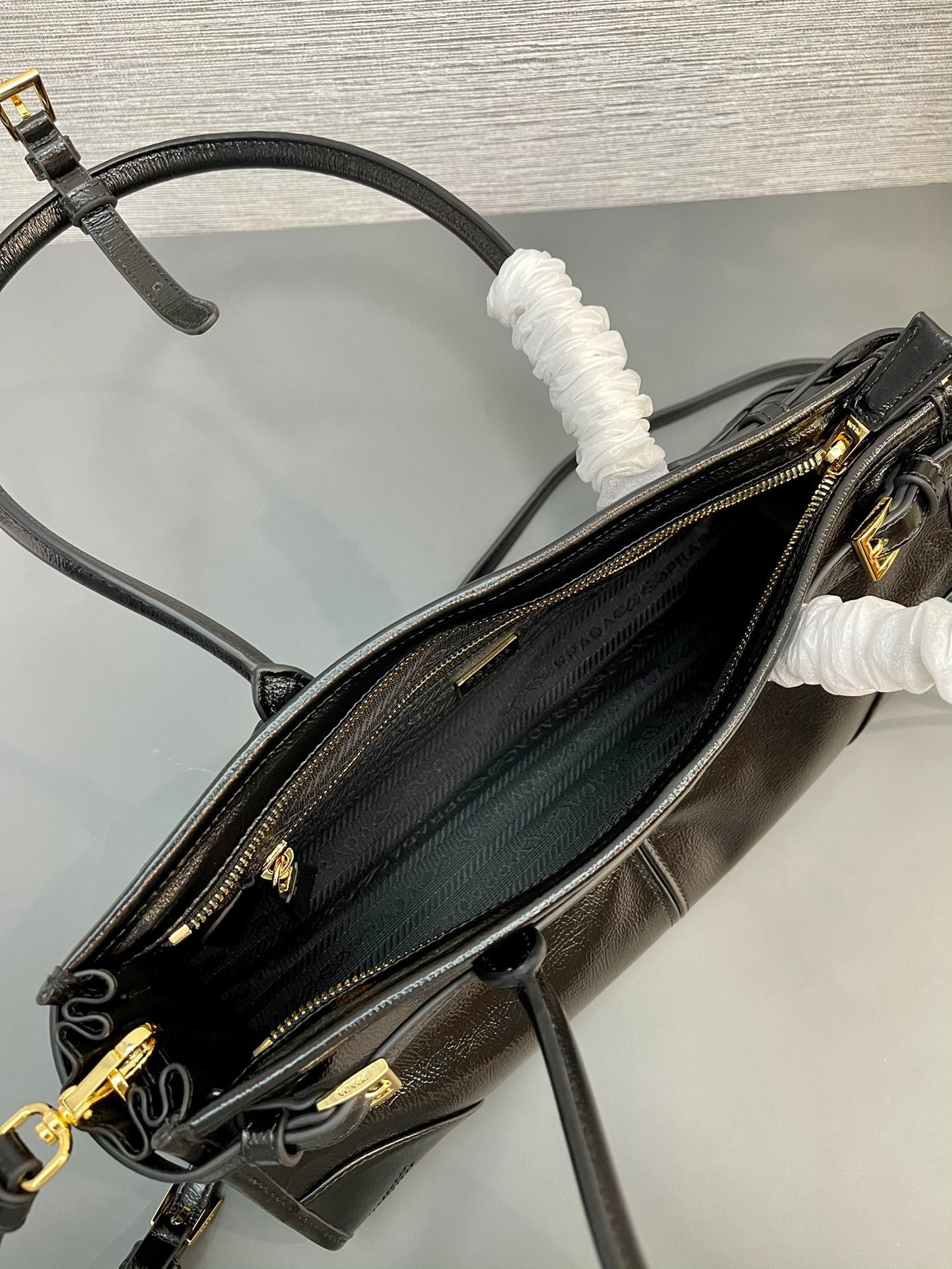 Prada 1BA426 Medium naplak patent leather handbag Black