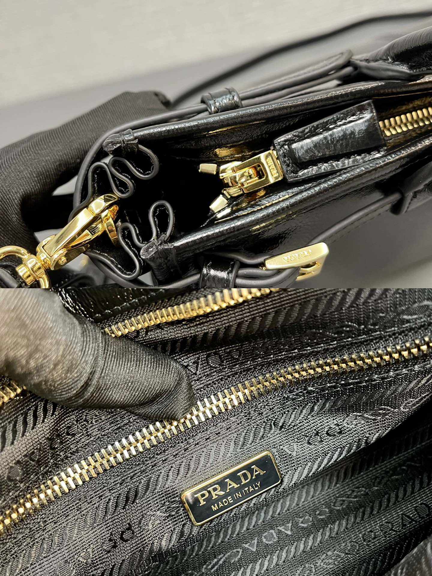 Prada 1BA426 Medium naplak patent leather handbag Black