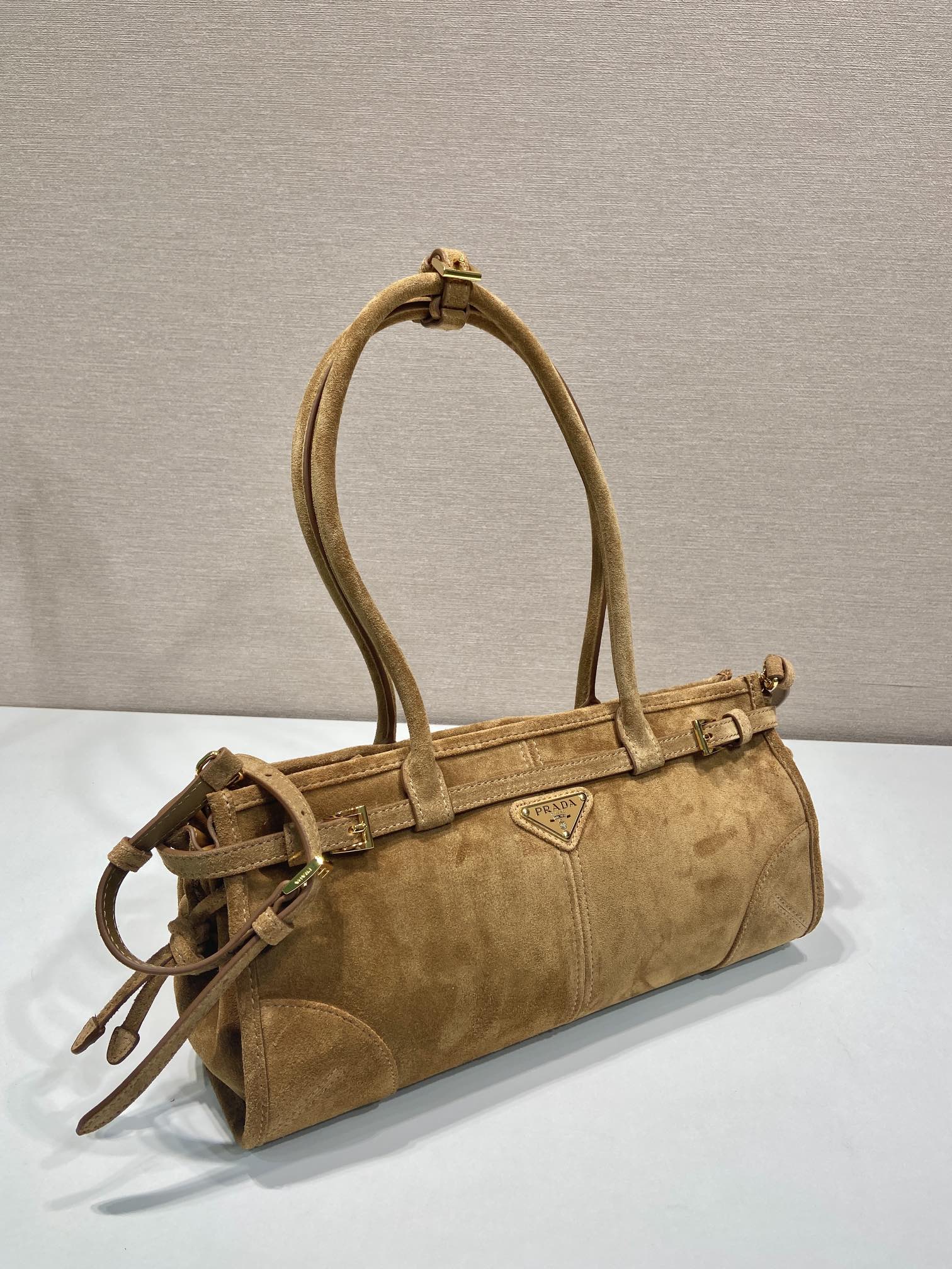 Prada 1BA426 Medium suede handbag Cinnamon