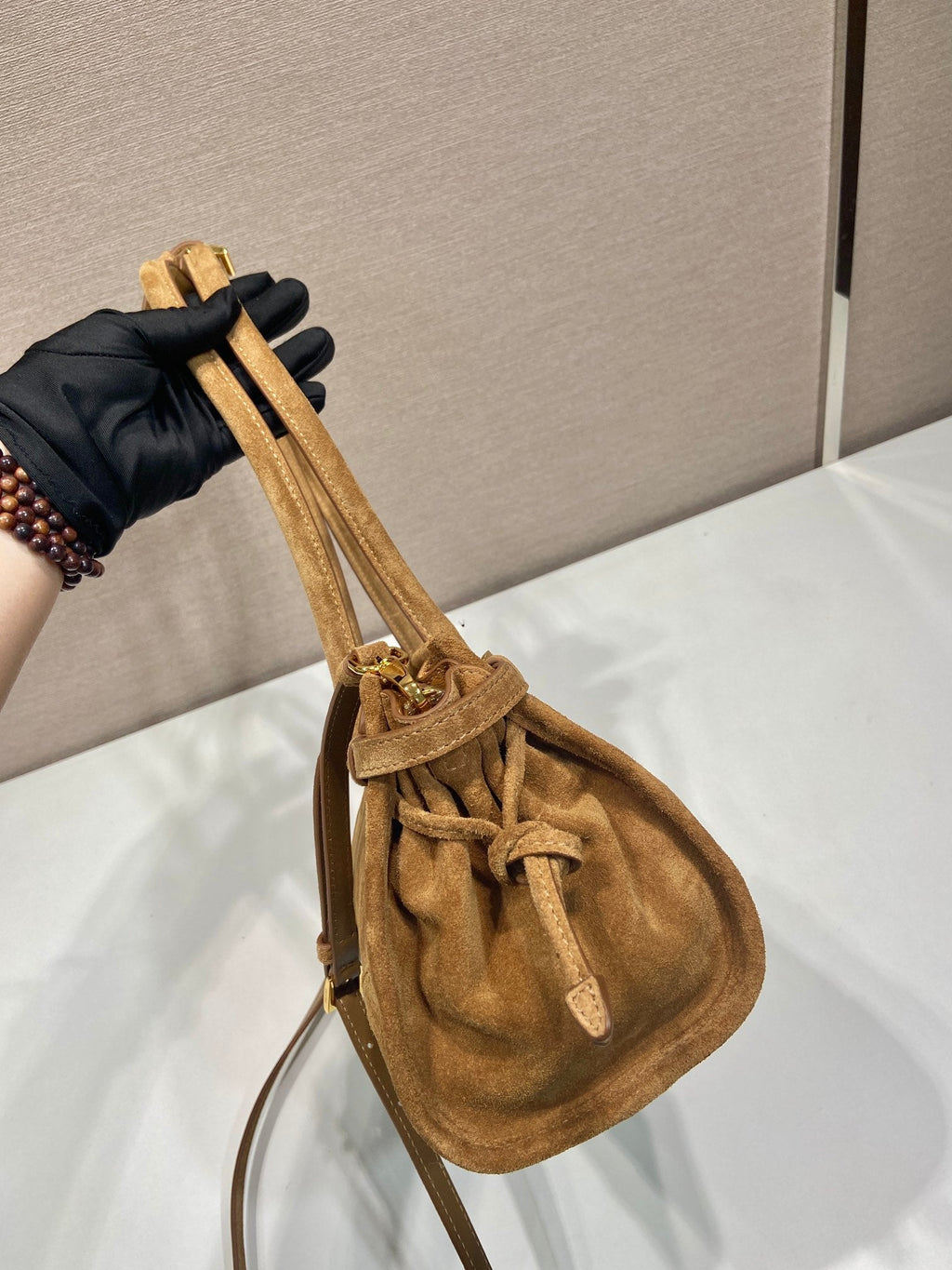 Prada 1BA426 Medium suede handbag Cinnamon
