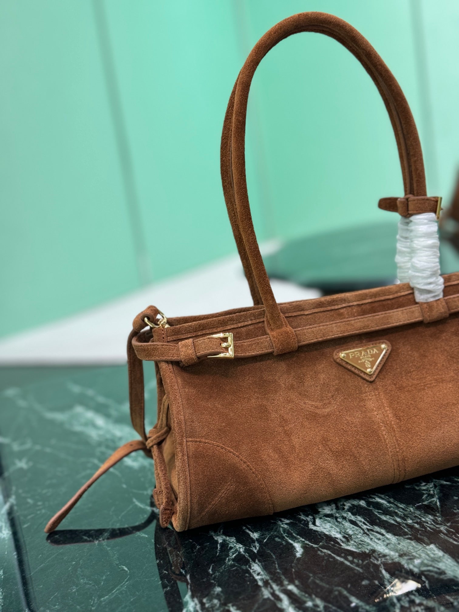 Prada 1BA426 Medium suede handbag Dark Brown