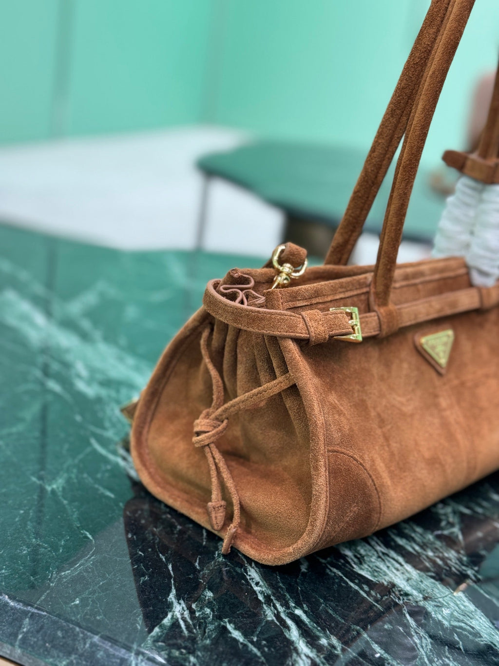 Prada 1BA426 Medium suede handbag Dark Brown