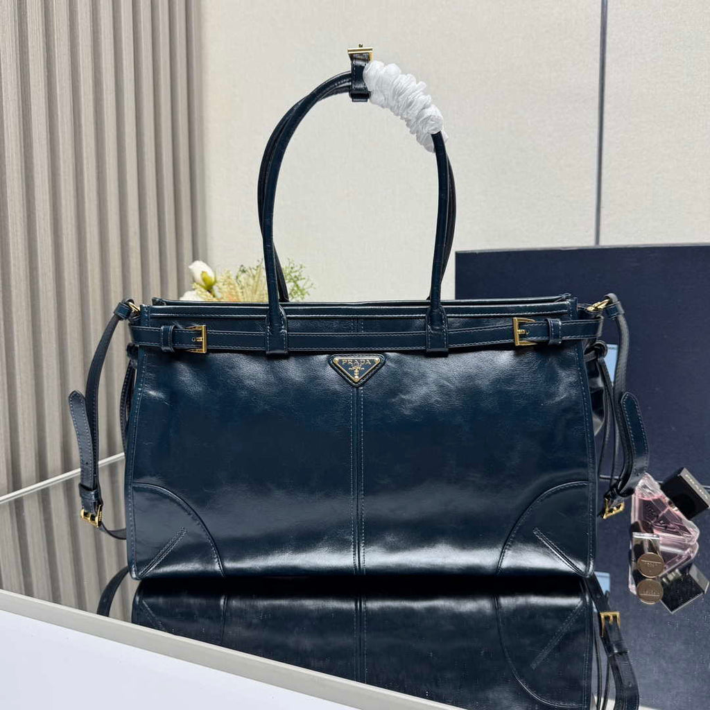 Prada 1BA433 Large Leather Handbag Navy Blue