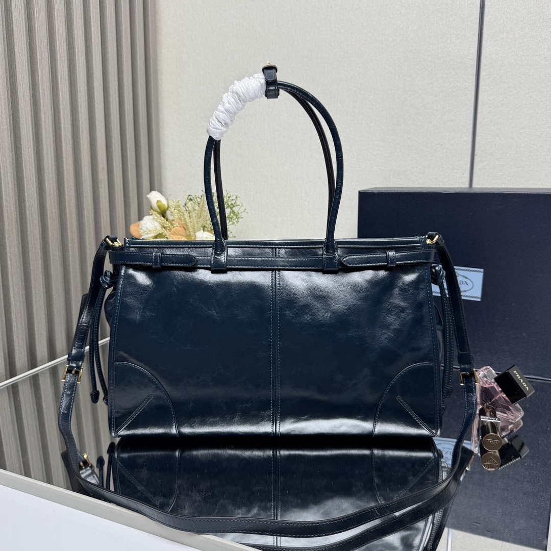 Prada 1BA433 Large Leather Handbag Navy Blue