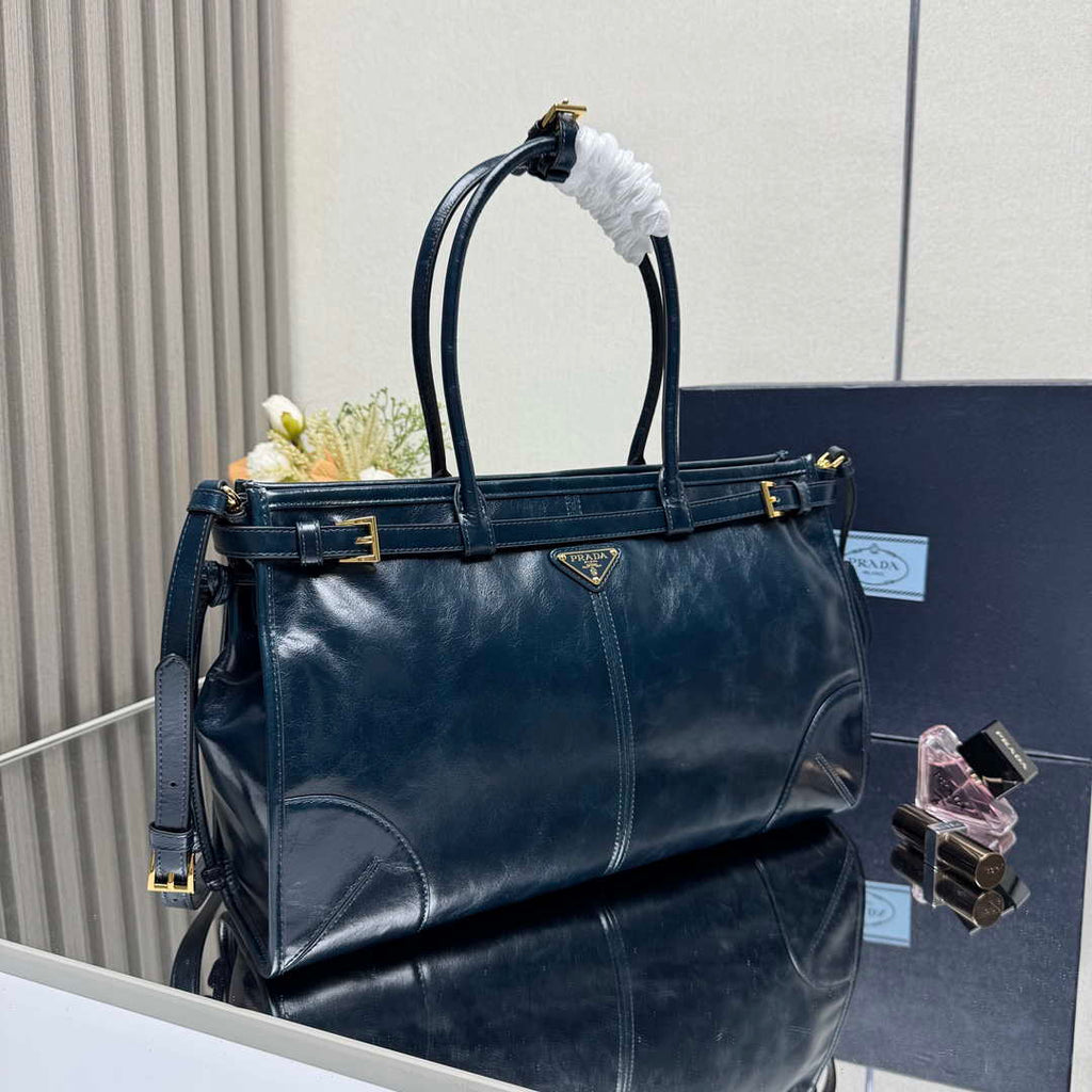 Prada 1BA433 Large Leather Handbag Navy Blue