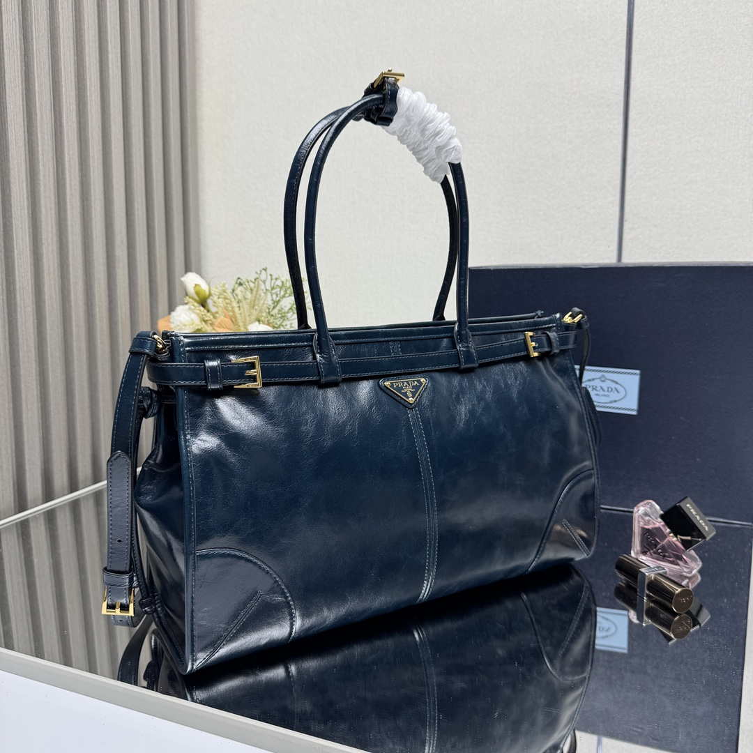 Prada 1BA433 Large Leather Handbag Navy Blue