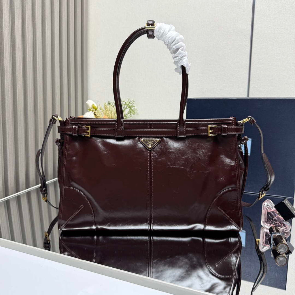 Prada 1BA433 Large Leather Handbag Red Brown