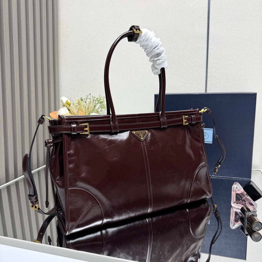 Prada 1BA433 Large Leather Handbag Red Brown