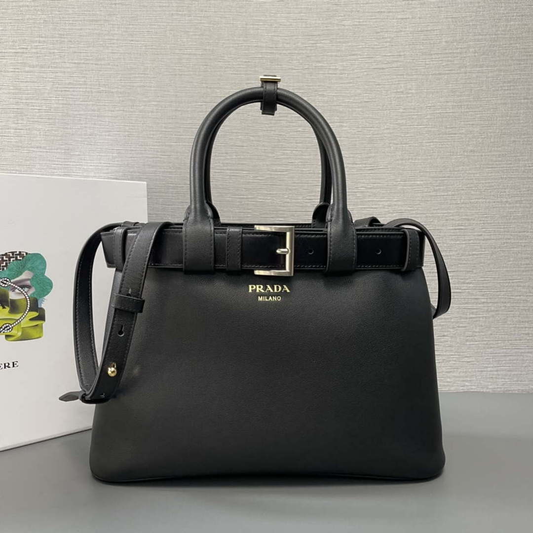 Prada 1BA434 Black Prada Buckle Medium Leather Handbag With Belt - Default Title - View 1