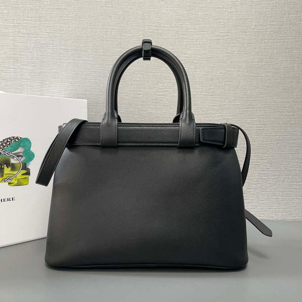 Prada 1BA434 Black Prada Buckle Medium Leather Handbag With Belt