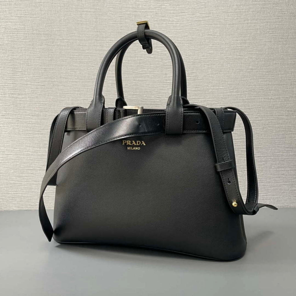 Prada 1BA434 Black Prada Buckle Medium Leather Handbag With Belt