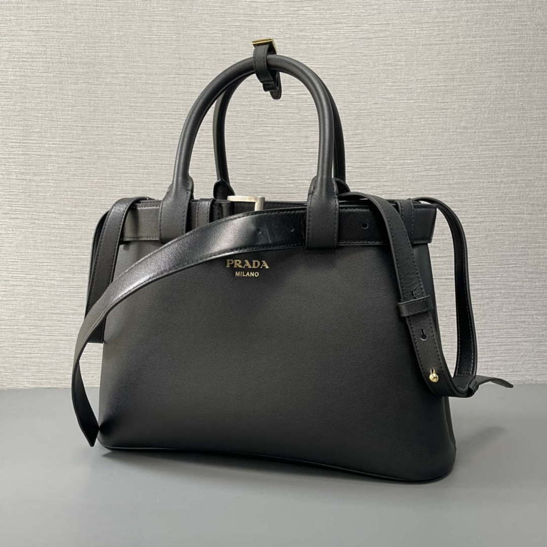 Prada 1BA434 Black Prada Buckle Medium Leather Handbag With Belt