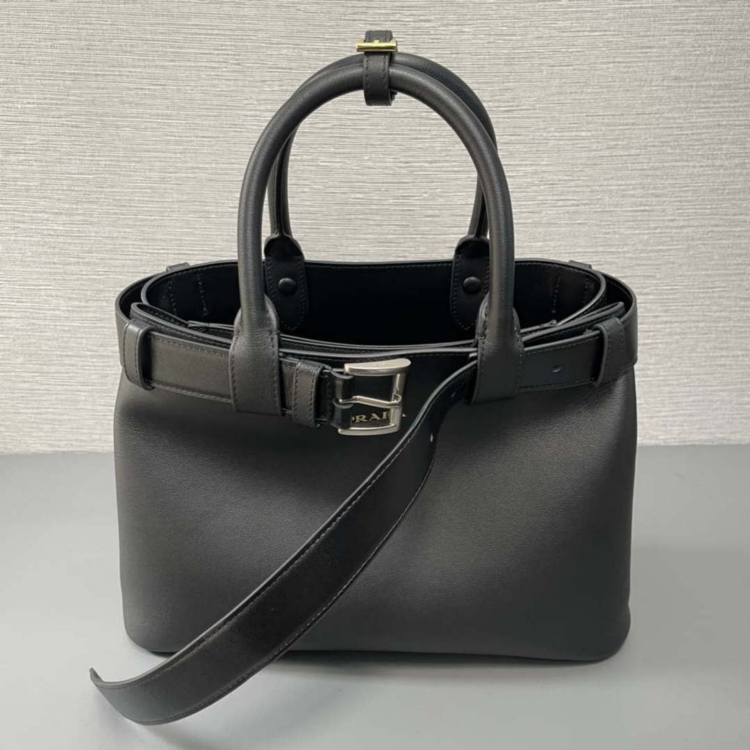 Prada 1BA434 Black Prada Buckle Medium Leather Handbag With Belt