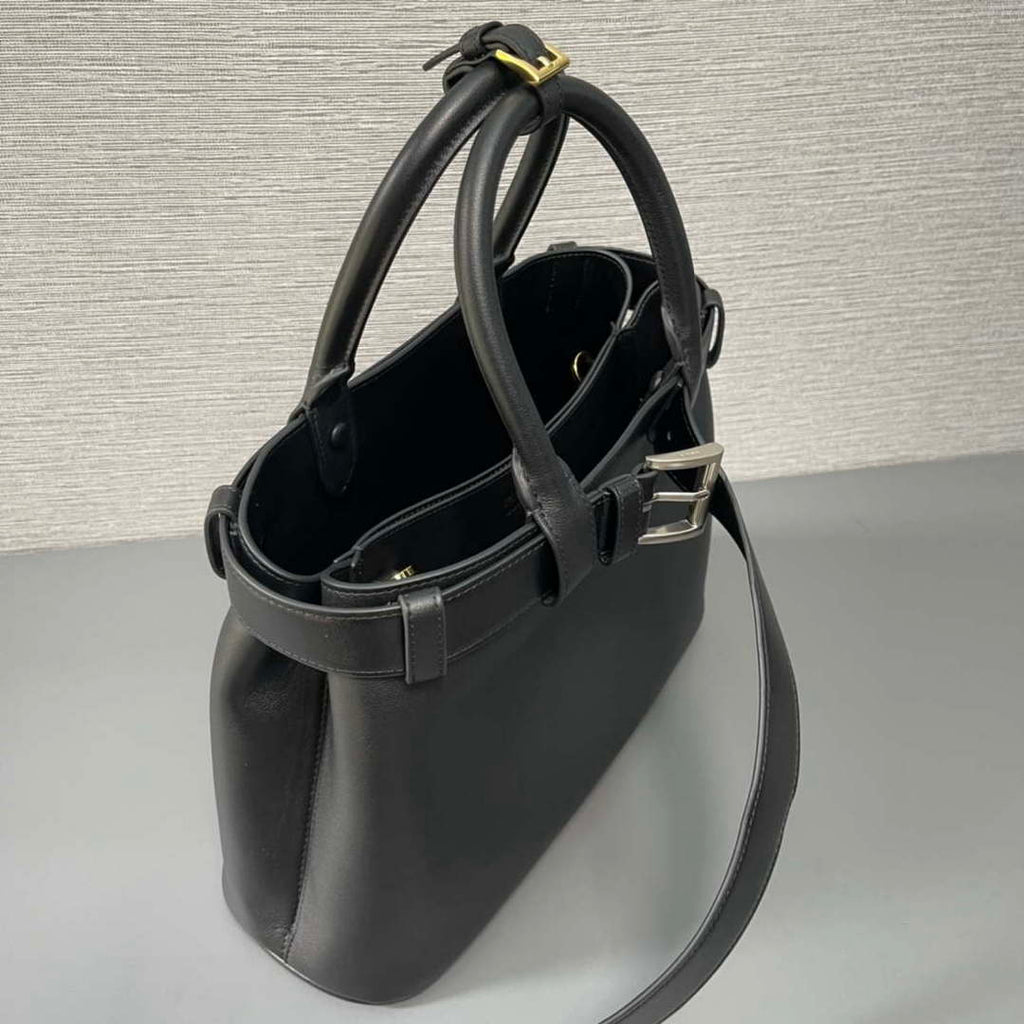 Prada 1BA434 Black Prada Buckle Medium Leather Handbag With Belt