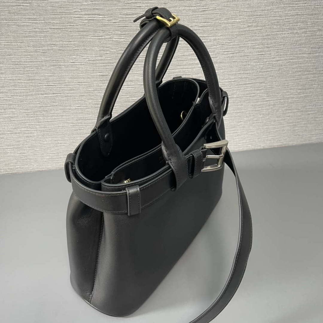Prada 1BA434 Black Prada Buckle Medium Leather Handbag With Belt