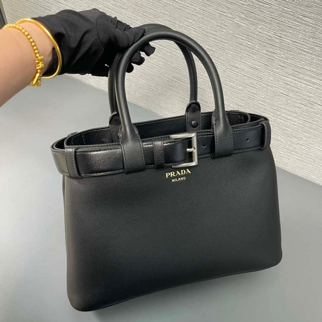 Prada 1BA434 Black Prada Buckle Medium Leather Handbag With Belt