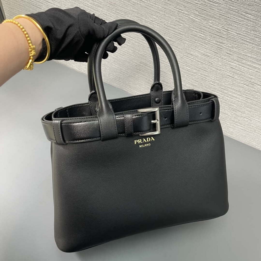Prada 1BA434 Black Prada Buckle Medium Leather Handbag With Belt