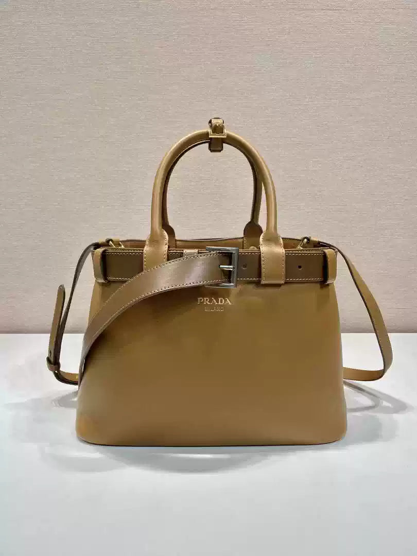 Prada 1BA434 Caramel Prada Buckle Medium Leather Handbag With Belt