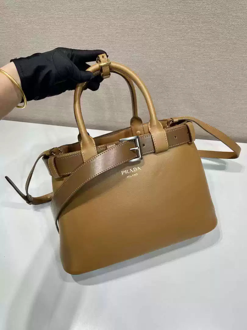 Prada 1BA434 Caramel Prada Buckle Medium Leather Handbag With Belt - Default Title - View 2