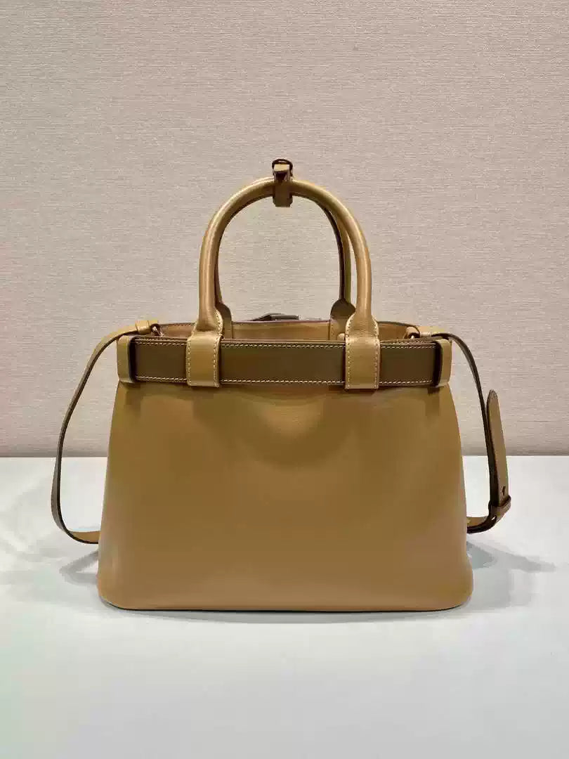 Prada 1BA434 Caramel Prada Buckle Medium Leather Handbag With Belt