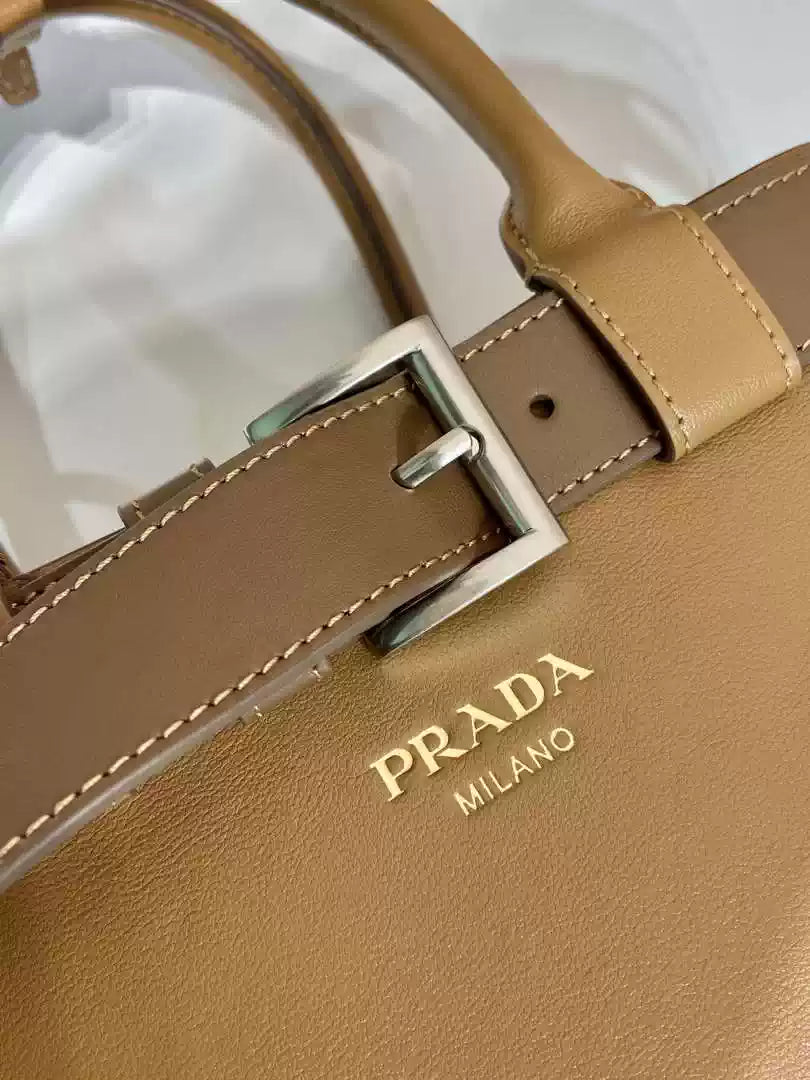 Prada 1BA434 Caramel Prada Buckle Medium Leather Handbag With Belt