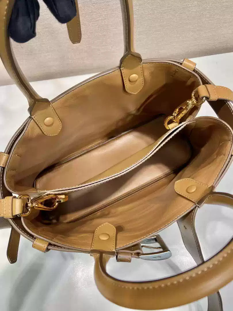 Prada 1BA434 Caramel Prada Buckle Medium Leather Handbag With Belt