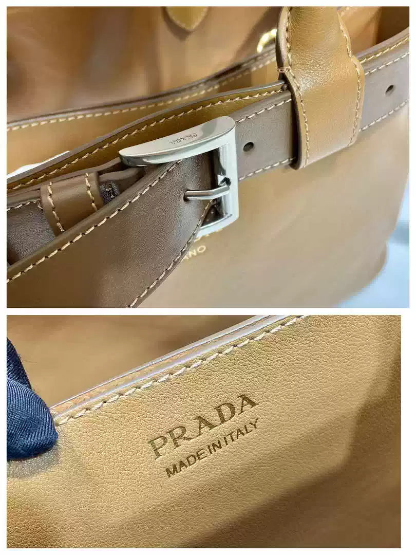 Prada 1BA434 Caramel Prada Buckle Medium Leather Handbag With Belt