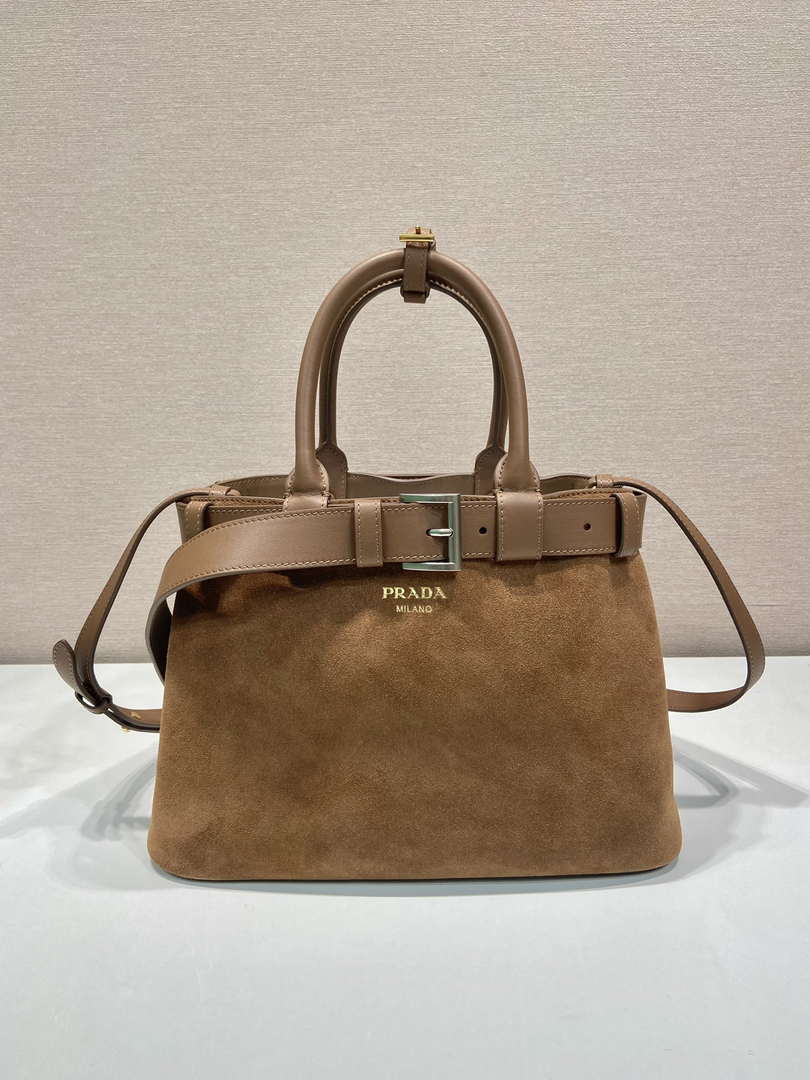 Prada 1BA434 Caramel Prada Buckle Medium Suede Handbag With Belt