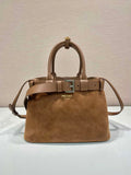 Prada 1BA434 Caramel Prada Buckle Medium Suede Handbag With Belt
