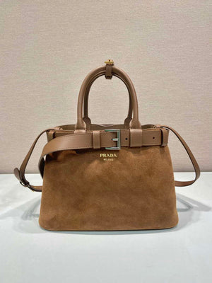 Prada 1BA434 Caramel Prada Buckle Medium Suede Handbag With Belt - Default Title - View 1